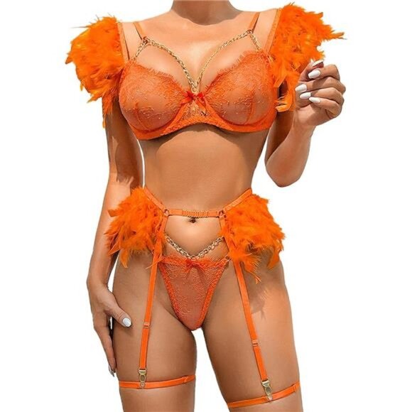 Chain Feather Lingerie, Eyelash Floral Lace, Underwire, Thong, 4 Pieces